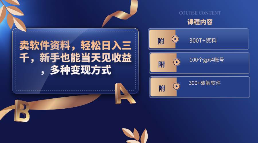 卖软件资料，轻松日入三千，小白也能当天见收益，多种变现方式，（附300T+资料，100个gpt4账号，300+破解软件）-小白项目网