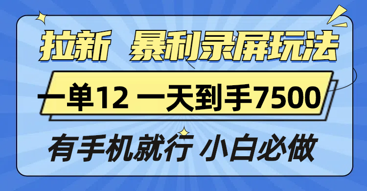 拉新暴利录屏玩法，一单12块，一天到手7500，有手机就行-小白项目网